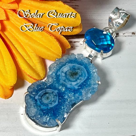 Solar Agate Blue Topaz Pendant Handmade Gemstone Crystal 925 Silver Long New! - Picture 1 of 9